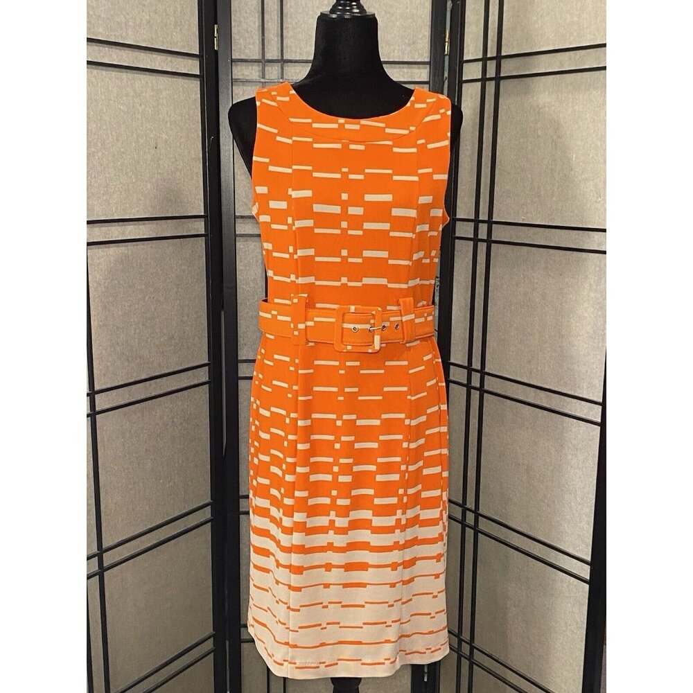 ILE NEW YORK Size 8 Dress VTG Orange Tan Form Fitting Belted Midi Poly Spandex